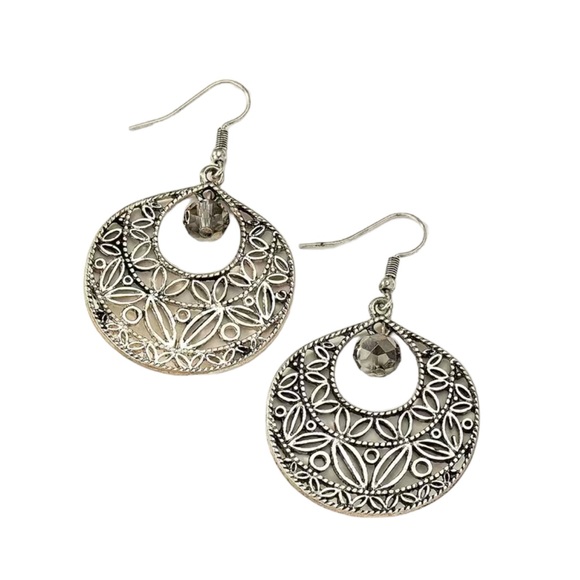 Boho Silver Cut Metal Design Hoop Drop Earrings - Picture 3 of 6